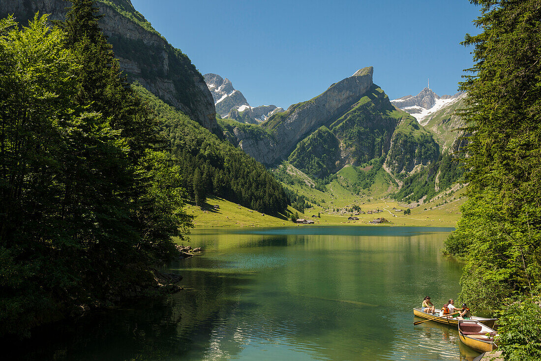 Steep mountains and lake, Seealpsee, Wasserauen, Alpstein, Appenzell Alps, Canton of Appenzell Innerrhoden, Switzerland