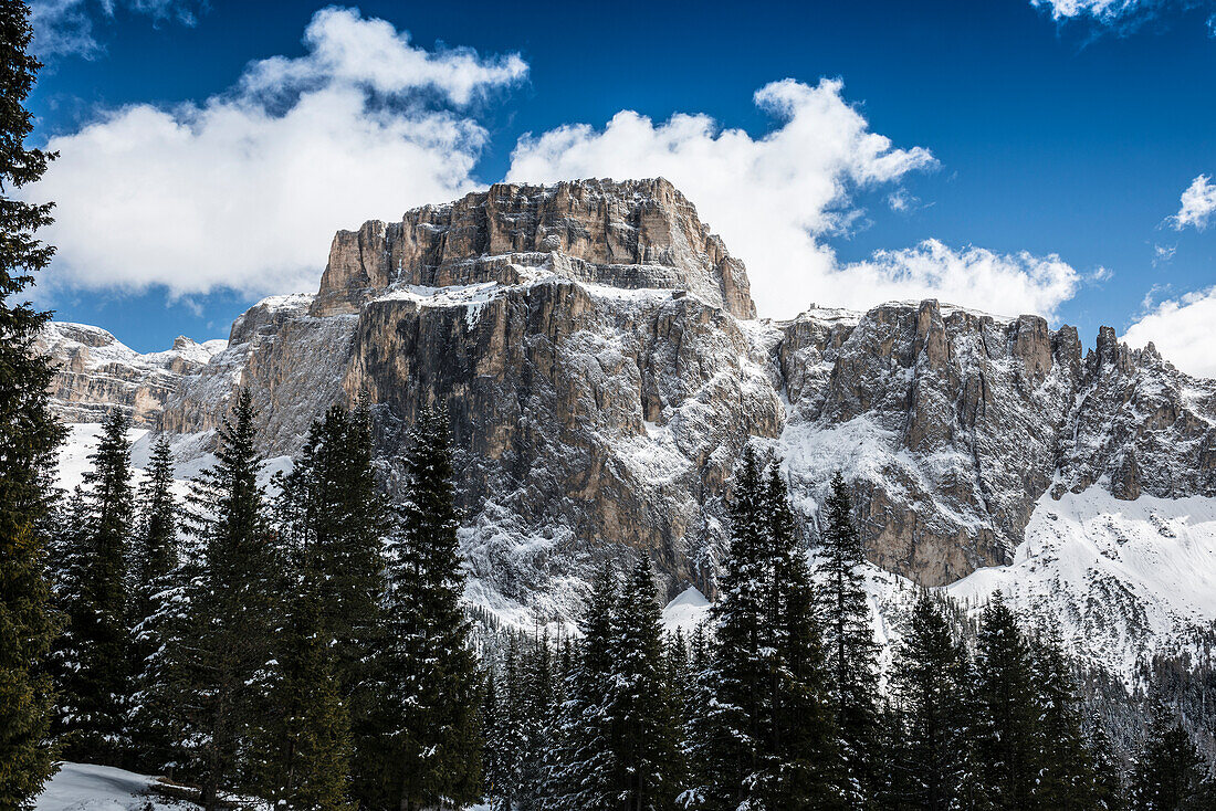 Snow-covered mountains, view of the Marmolada, winter, Sella Pass, Val Gardena, Dolomites, South Tyrol, Italy