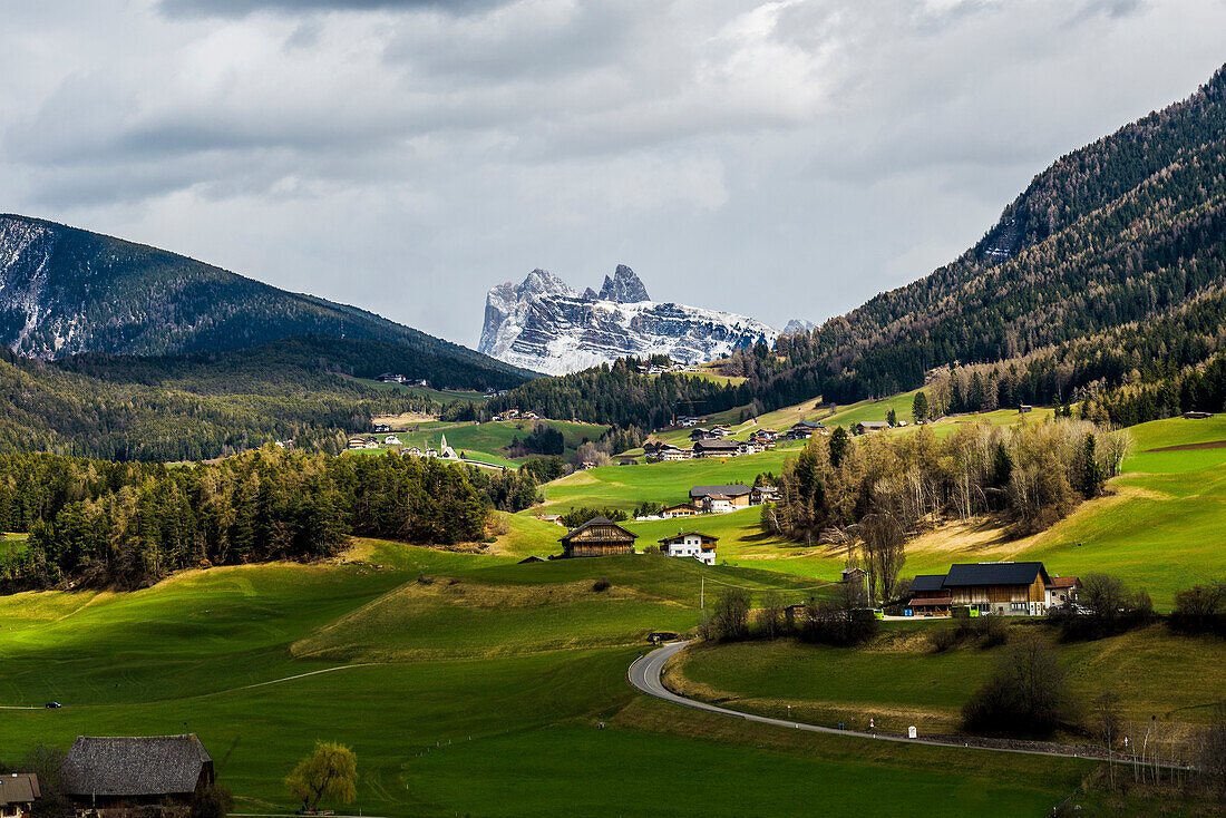 Snow-covered mountains, view of Seceda, spring, Castelrotto, Dolomites, South Tyrol, Italy