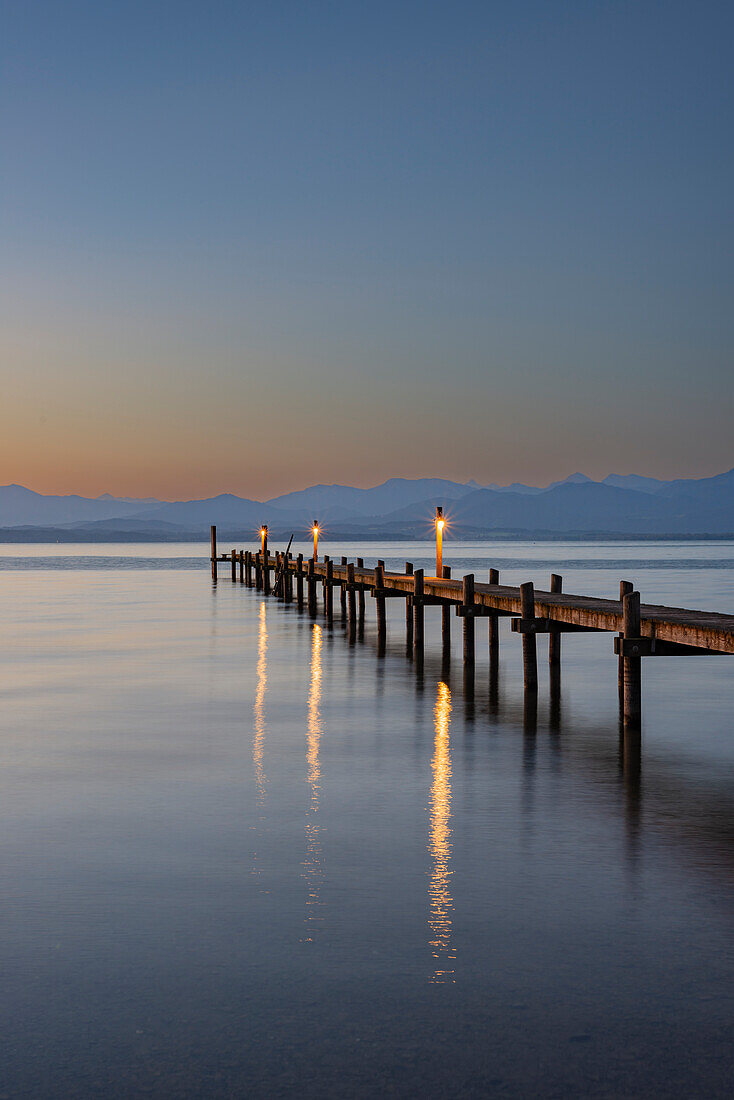 Sunrise, footbridge at Malerwinkel, Chiemsee, Chiemgau, Bavaria, Germany, Europe