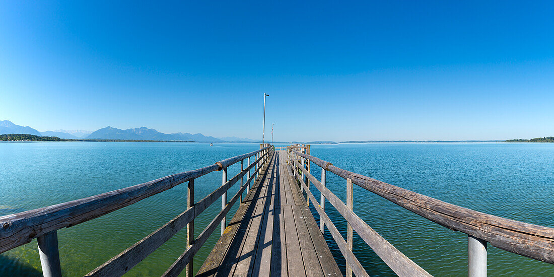 Wooden jetty and ship pier, Chieming, Chiemsee, Chiemgau, Bavaria, Germany, Europe