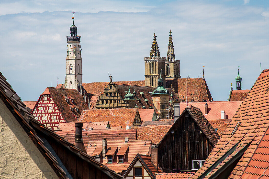 Roofs and church towers in Rothenburg ob der Tauber, Middle Franconia, Bavaria, Germany