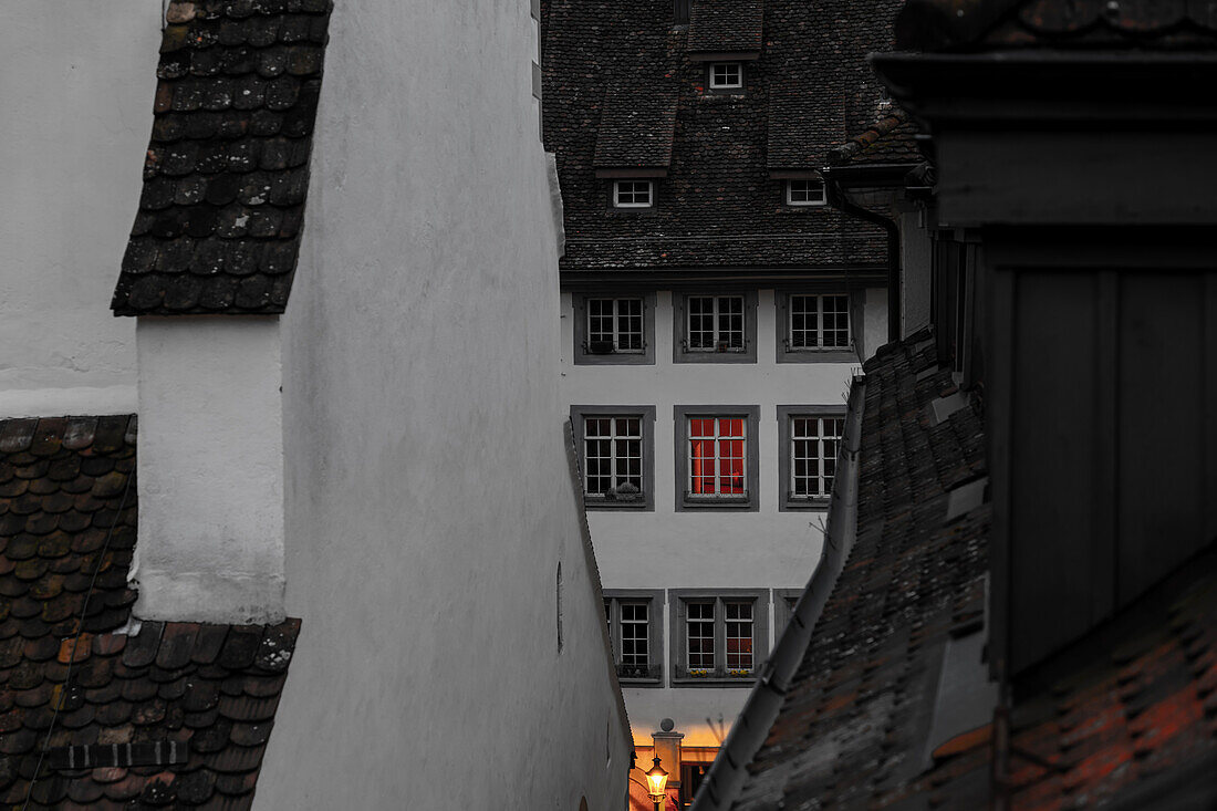 Beautiful Middle Ages Building Illuminated at Night in Schaffhausen in Switzerland.