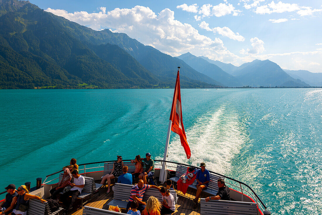 Passenger Ship with Swiss Flag over Lake Brienz in a Sunny Day in Interlaken, Bern Canton, Switzerland.
