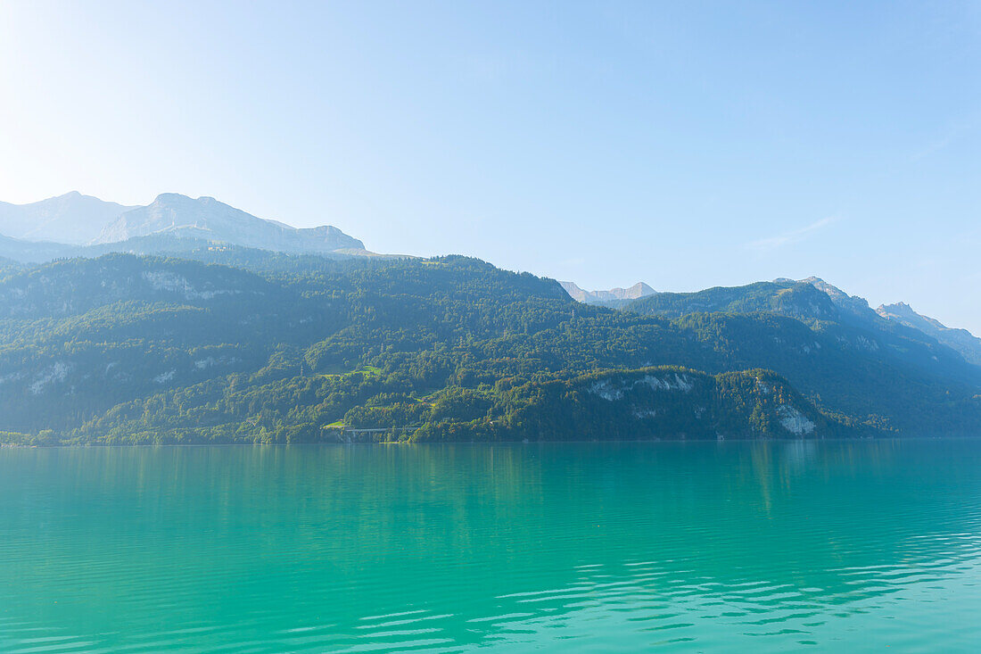 View over Lake Brienz with Mountain and Sunlight in Brienz, Bern Canton, Switzerland.