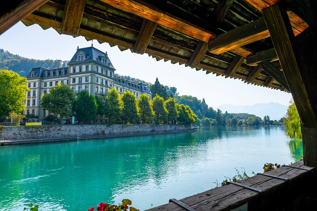Beautiful View over Thunerhof Hotel from Obere Schleuse Bridge in City of Thun in a Sunny Summer Day, Bernese Oberland, Bern Canton, Switzerland.