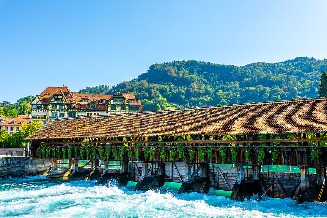 Beautiful Obere Schleuse Bridge in City of Thun in a Sunny Summer Day, Bernese Oberland, Bern Canton, Switzerland.