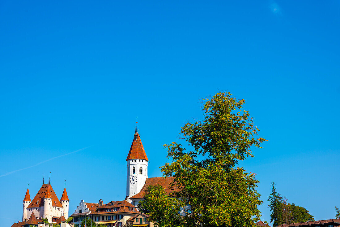Castle and City Church and Clear Sky in Thun in a Sunny Day in Bern Canton, Switzerland.