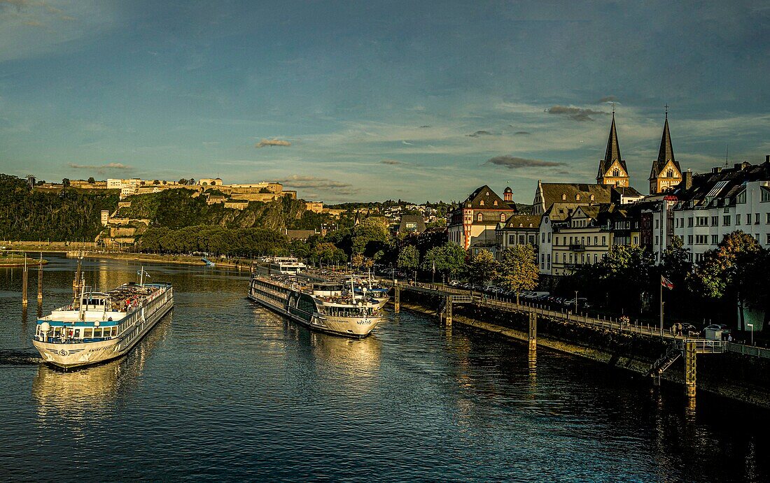 Panorama ships on the Moselle, Koblenz old town and Ehrenbreitstein Fortress in the evening light, Upper Middle Rhine Valley, Rhineland-Palatinate, Germany