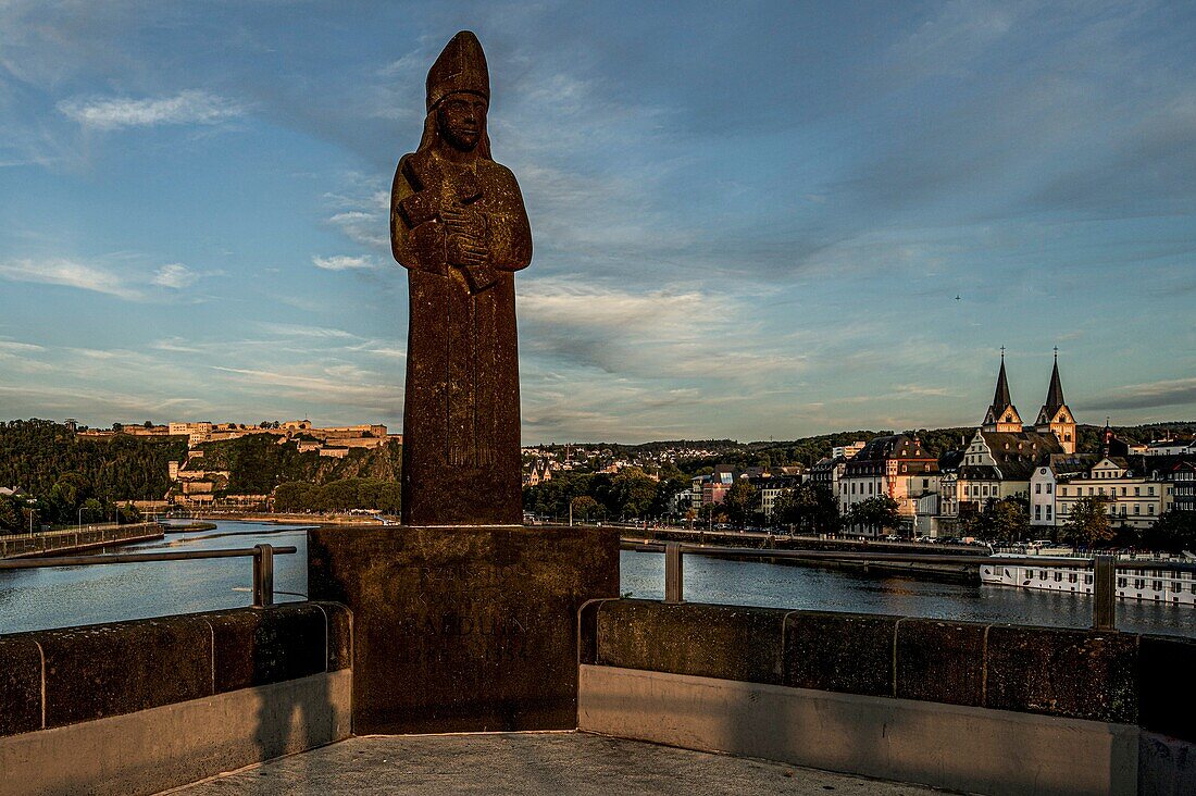 Baldwin Bridge in Koblenz (14th century), statue of Elector Baldwin, old town on the Moselle and Ehrenbeitstein Fortress in the background, Upper Middle Rhine Valley, Rhineland-Palatinate, Germany