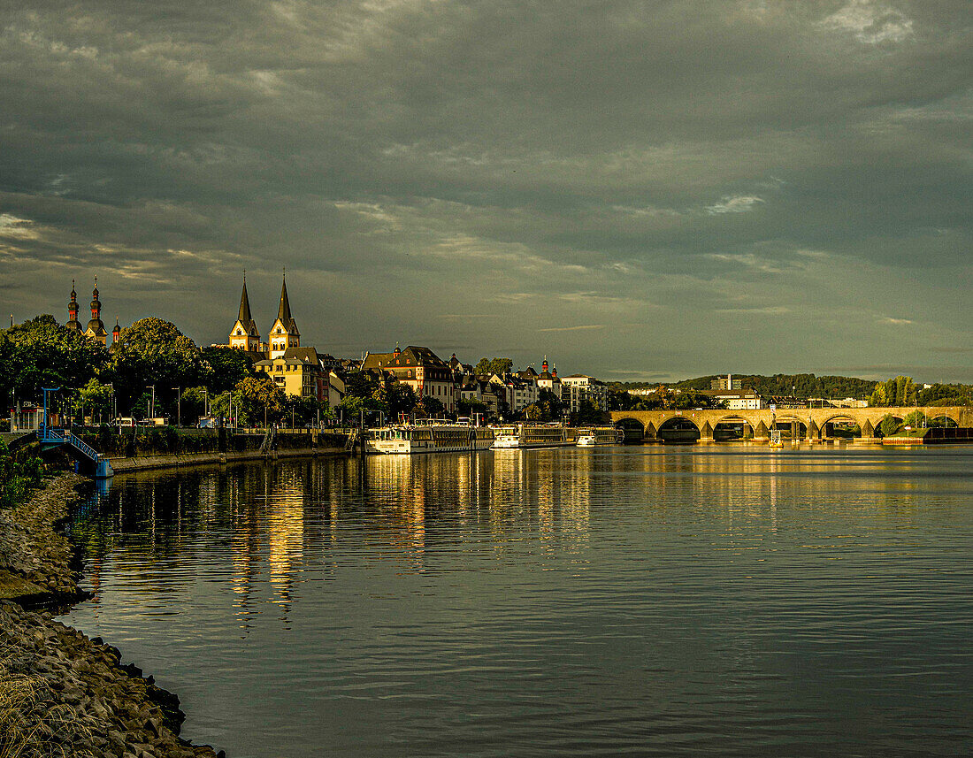 View from Deutsches Eck over the Moselle to the old town and Balduin Bridge in the morning light, Koblenz, Upper Middle Rhine Valley, Rhineland-Palatinate, Germany