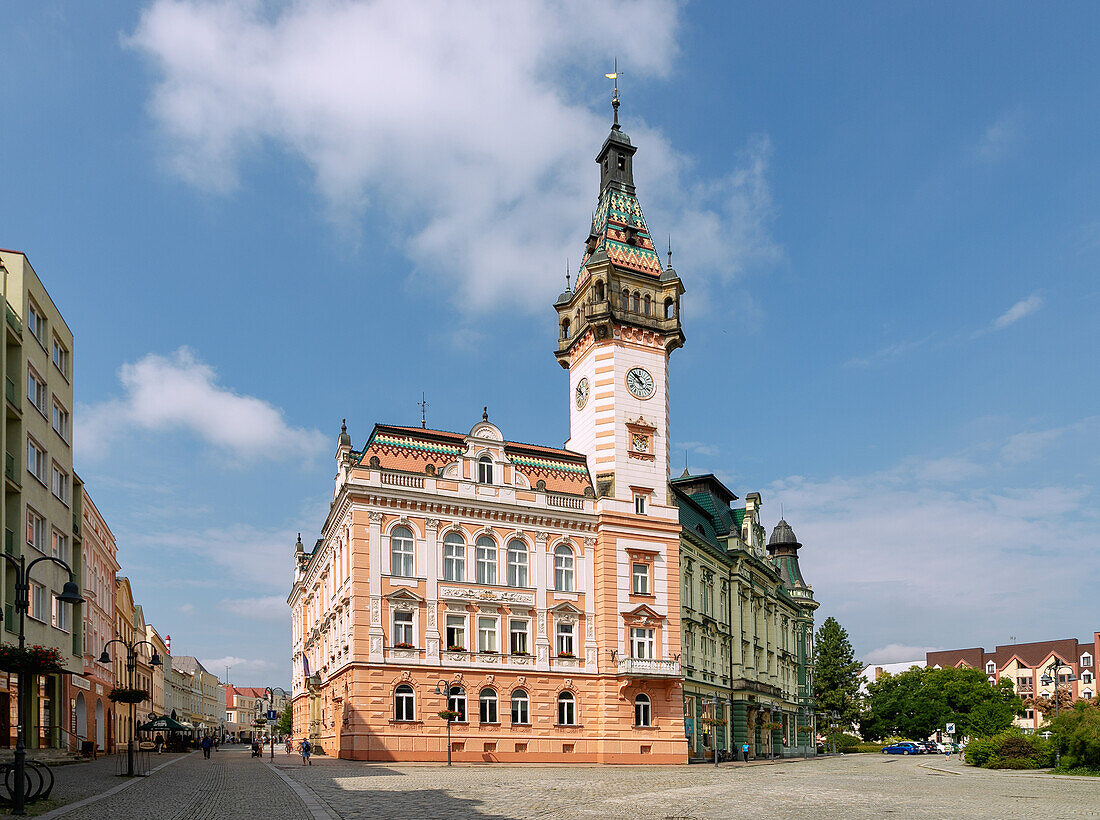 Hlavní náměstí with the magnificent buildings of the Old Town Hall and the Česká spořitelna in Krnov in Moravian Silesia in the Czech Republic