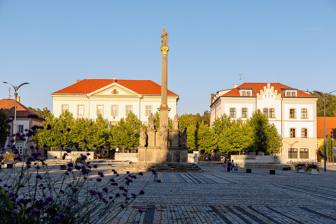 Masarykovo Náměstí market square with plague column in Stříbro in West Bohemia in the Czech Republic
