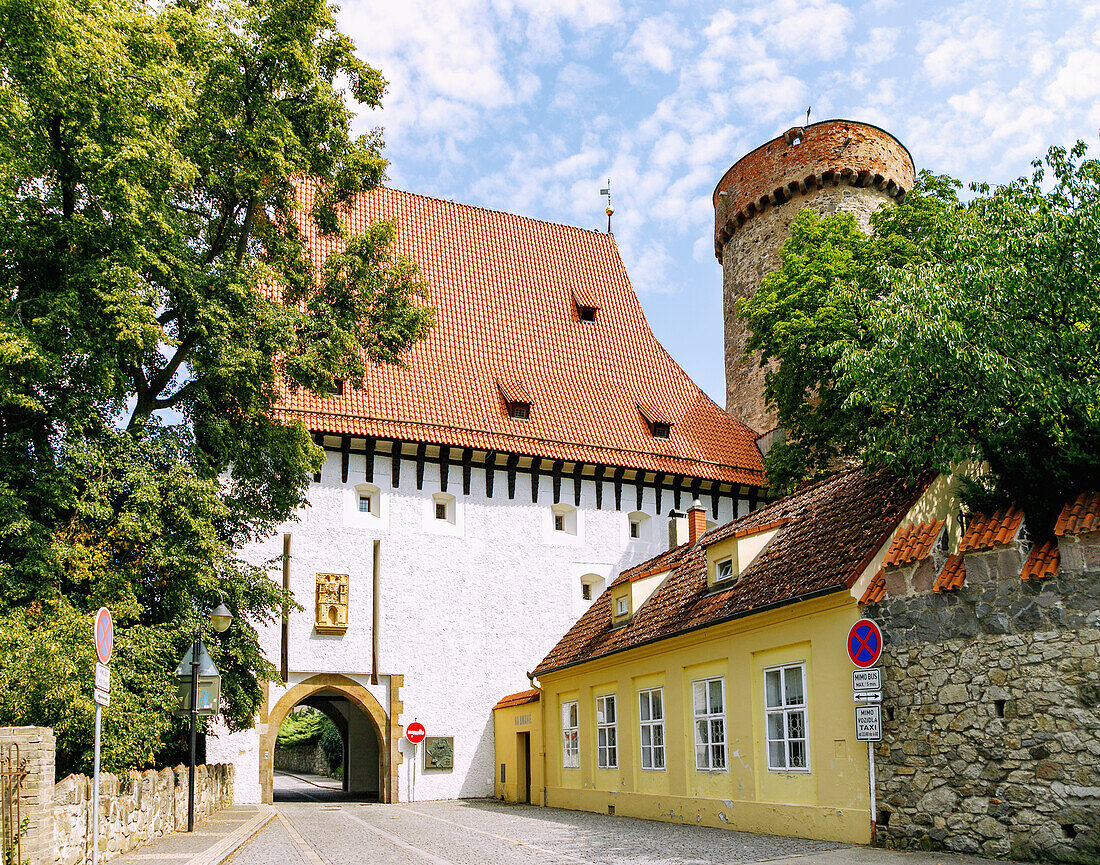 Bechyně Gate and Kotnov lookout tower in the old town of Tabor in South Bohemia in the Czech Republic