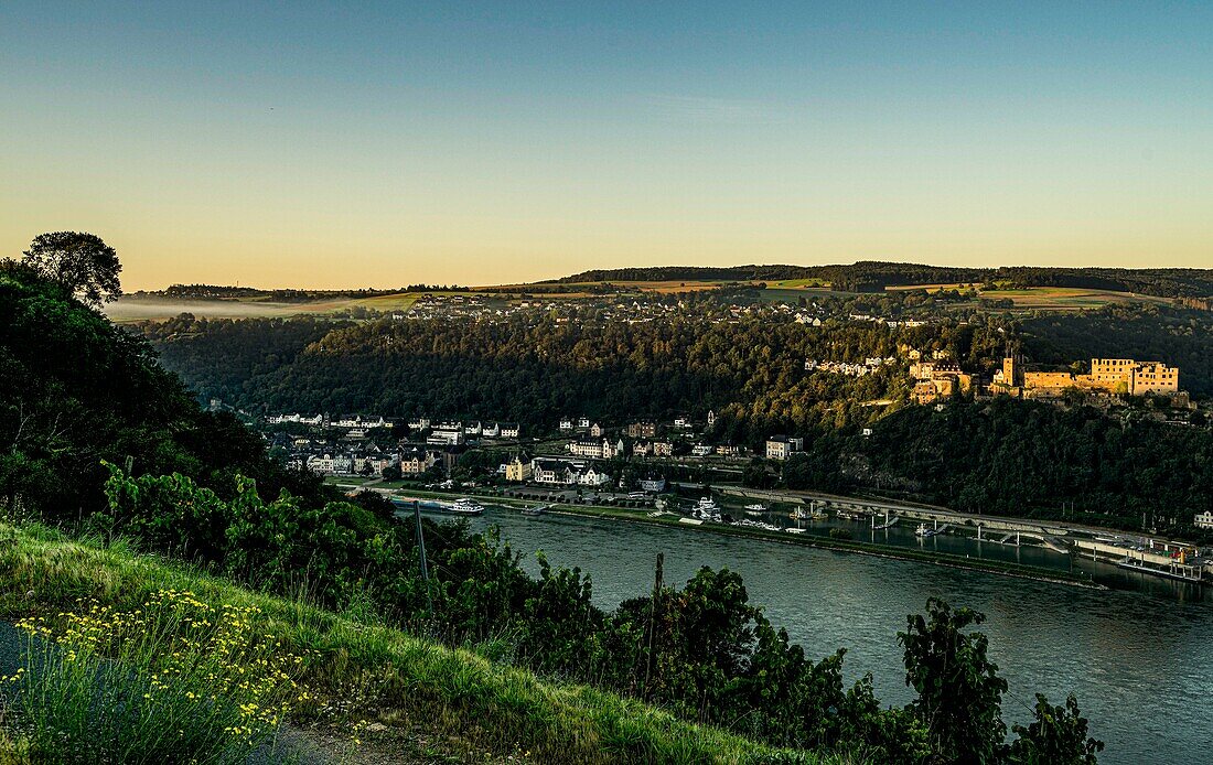 View in the morning light from the Rheinsteig over the Rhine to St. Goar and Rheinfels Castle, Upper Middle Rhine Valley, Rhineland-Palatinate, Germany