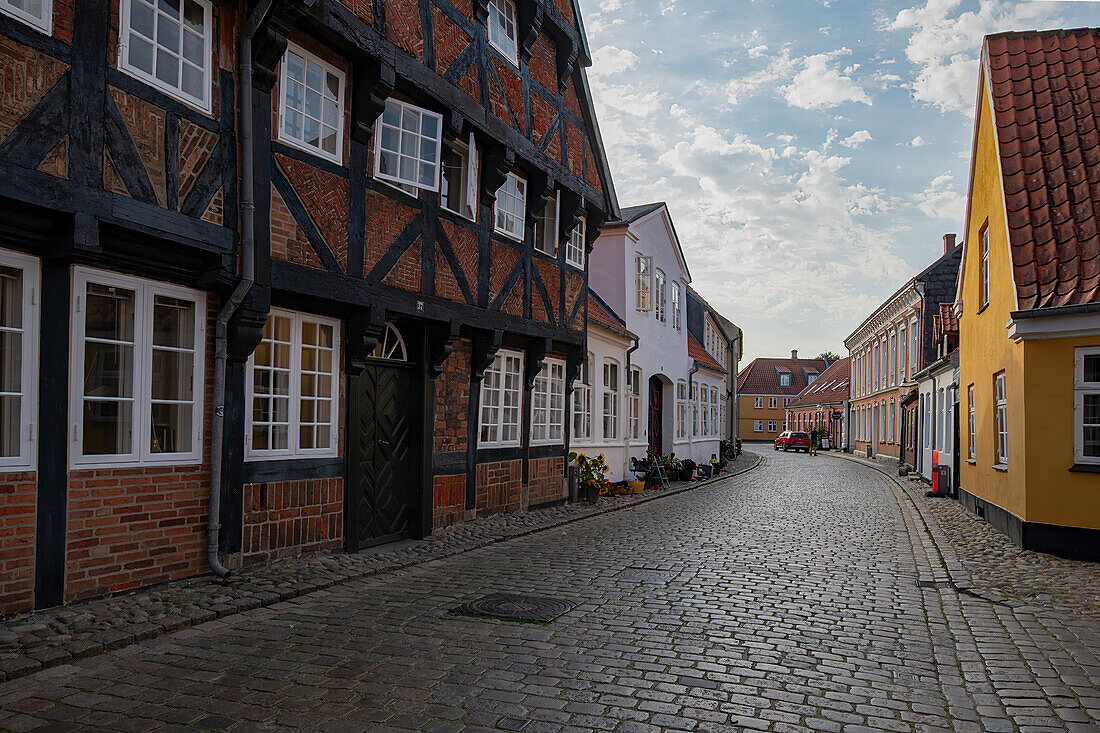 Ribe, buildings of different styles line Sonderportsgade in the heart of the old town, Jutland, Denmark