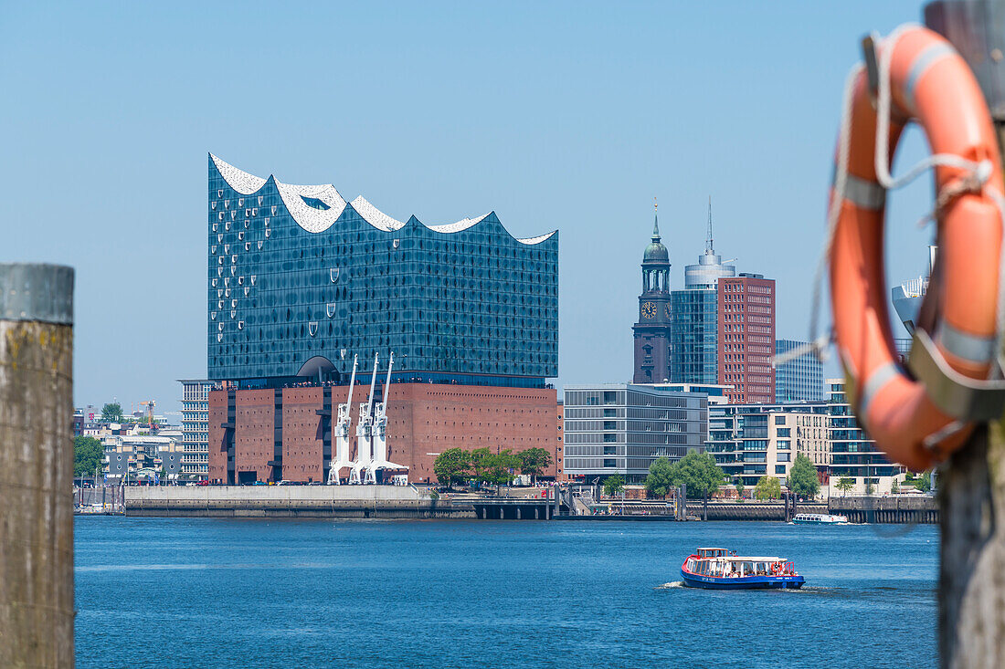 Harbor with barge, Elbphilharmonie, Michel, Hafencity, Hamburg, Germany