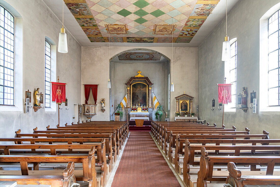 Interior of the Catholic Sacred Heart Church in Tüchersfeld in Franconian Switzerland, town of Pottenstein, Bavaria, Germany