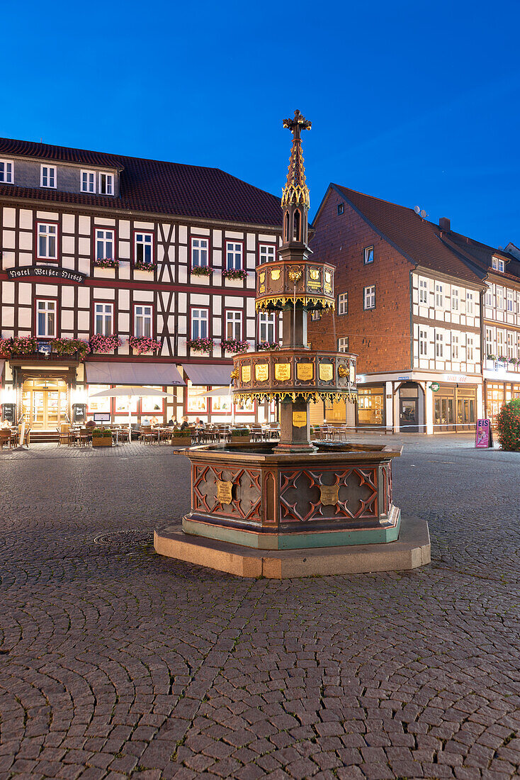 Benefactor fountain at the town hall, old town with half-timbered houses, Harz town of Wernigerode, Saxony-Anhalt, Germany
