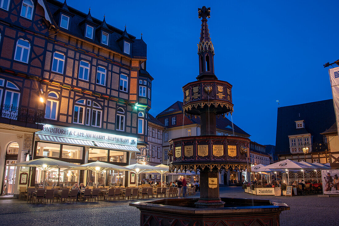 Benefactor fountain on the market square, Harz town of Wernigerode, Saxony-Anhalt, Germany