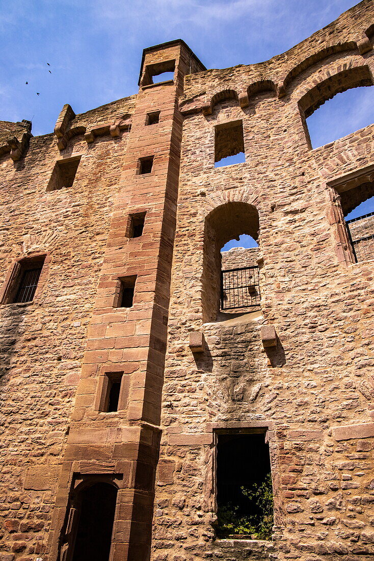 View up into the interior of Henneburg Castle in the Spessart-Mainland region, Stadtprozelten, Franconia, Bavaria, Germany