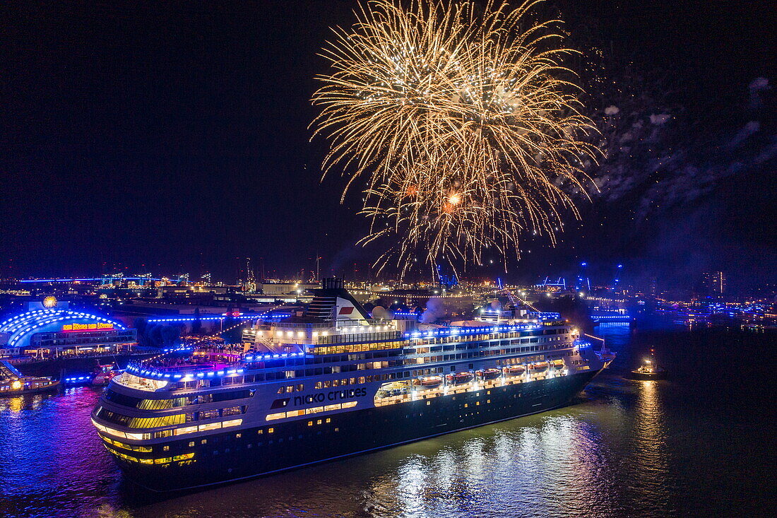 Aerial view of fireworks over the cruise ship Vasco da Gama (nicko cruises) during the Hamburg Cruise Days 2023 at night, Hamburg, Hamburg, Germany