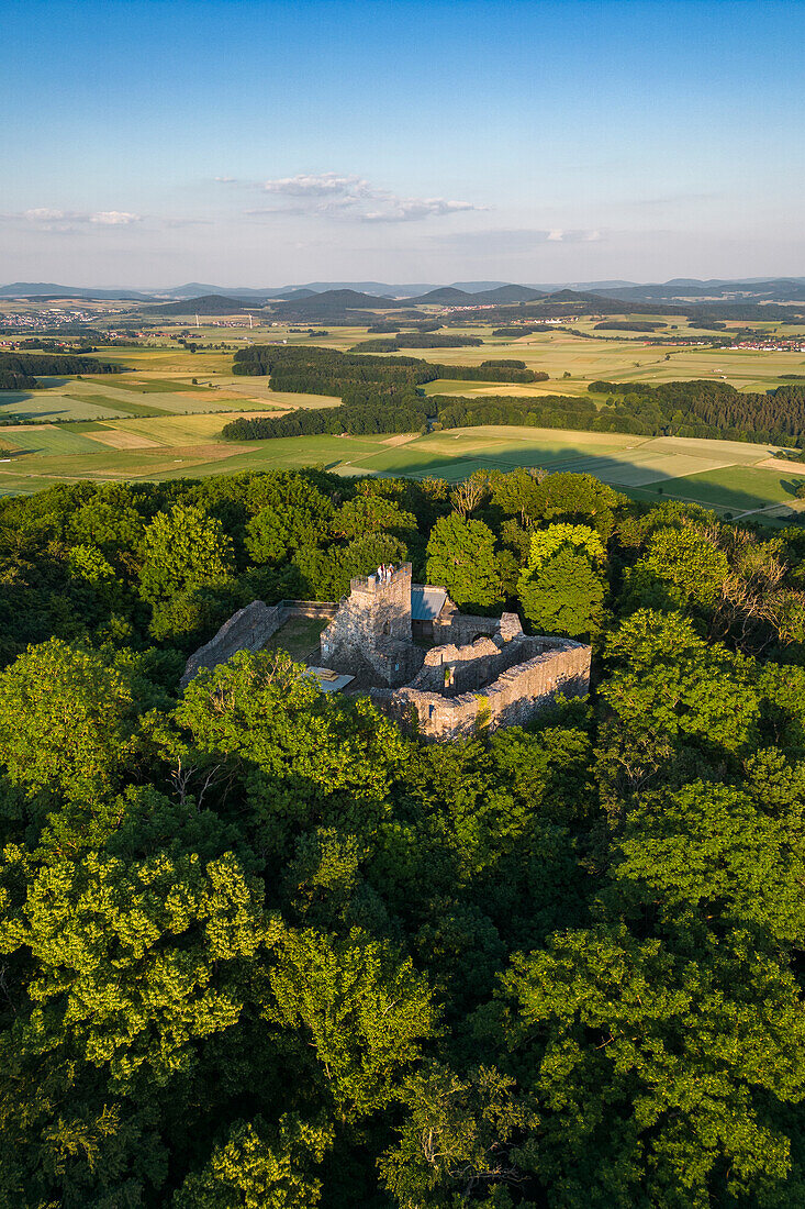 Aerial view of the Hauneck castle ruins on the Stoppelsberg in the Hessisches Kegelspiel region, Haunetal Unterstoppel, Rhön, Hesse, Germany