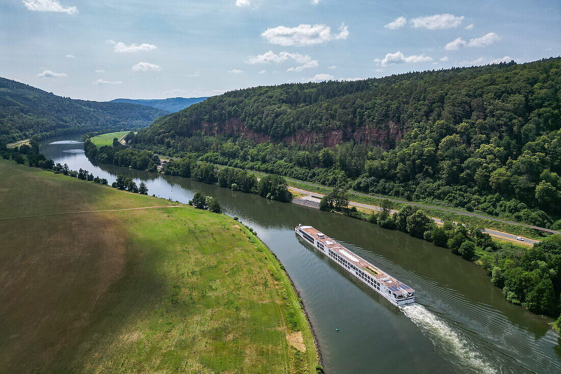 Aerial view of the river cruise ship Viking Egdir (Viking Cruises) on the Main, Dorfprozelten, Franconia, Bavaria, Germany