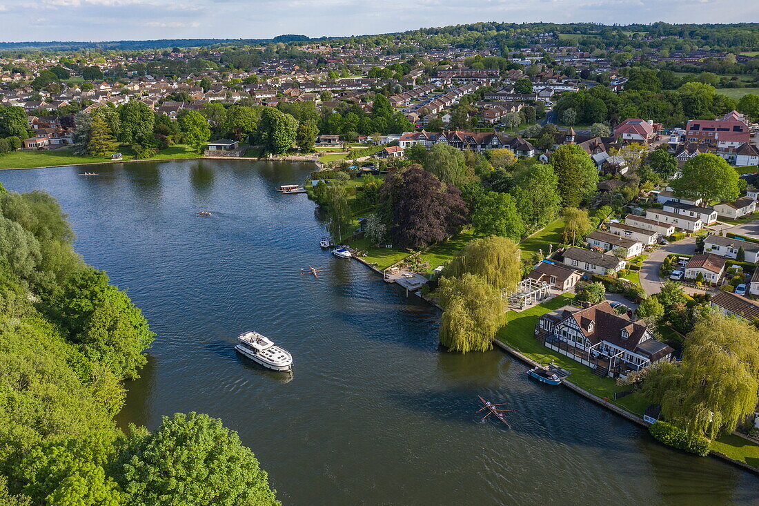 Aerial view of a Le Boat Horizon 4 houseboat on the River Thames, Windsor, Berkshire, England, United Kingdom