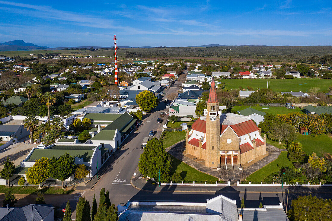 Aerial view of church and town, Stanford, Western Cape, South Africa