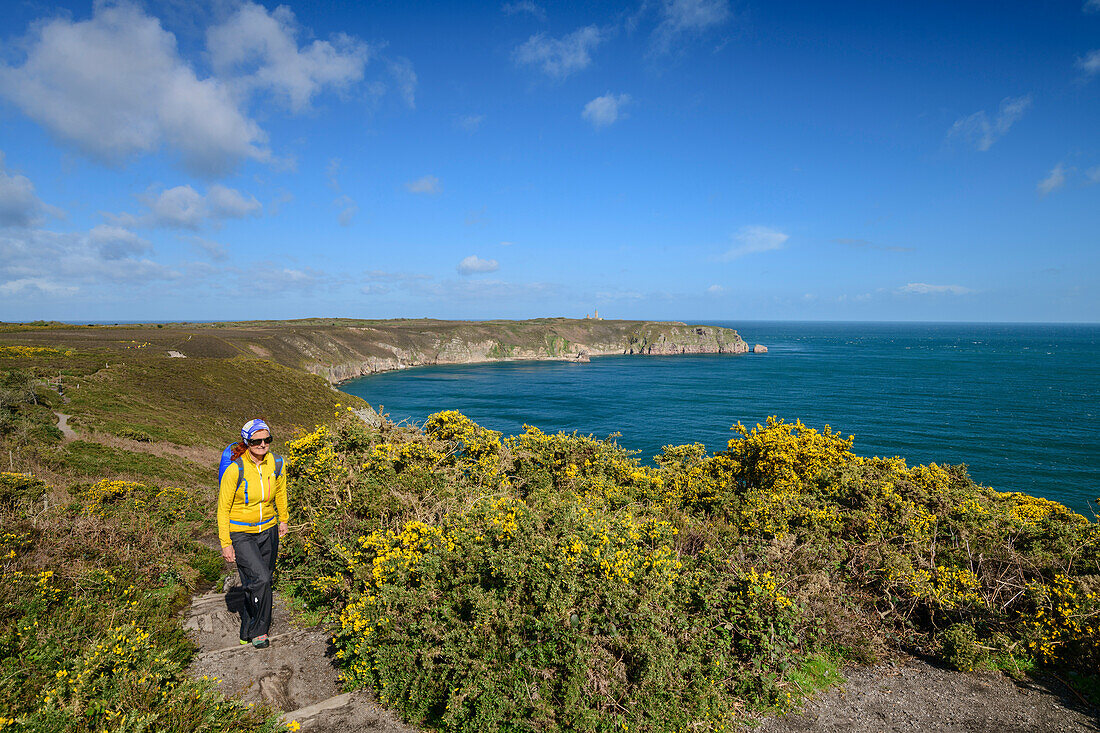 Frau wandert auf Wanderweg entlang der Steilküste mit Blick übers Meer, beim Cap Fréhel, Côte d'Émeraude, Smaragdküste, Bretagne, Frankreich