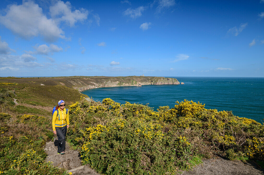 Woman hiking on a hiking trail along the cliffs with a view over the sea, near Cap Fréhel, Côte d'Émeraude, Emerald Coast, Brittany, France
