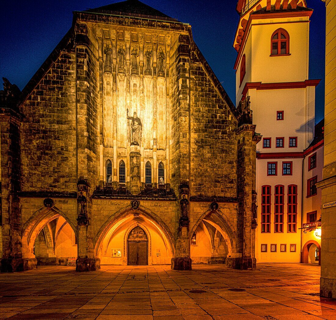 Jakobikirche and the high tower of the Old Town Hall in the old town of Chemnitz in the evening light, Saxony, Germany