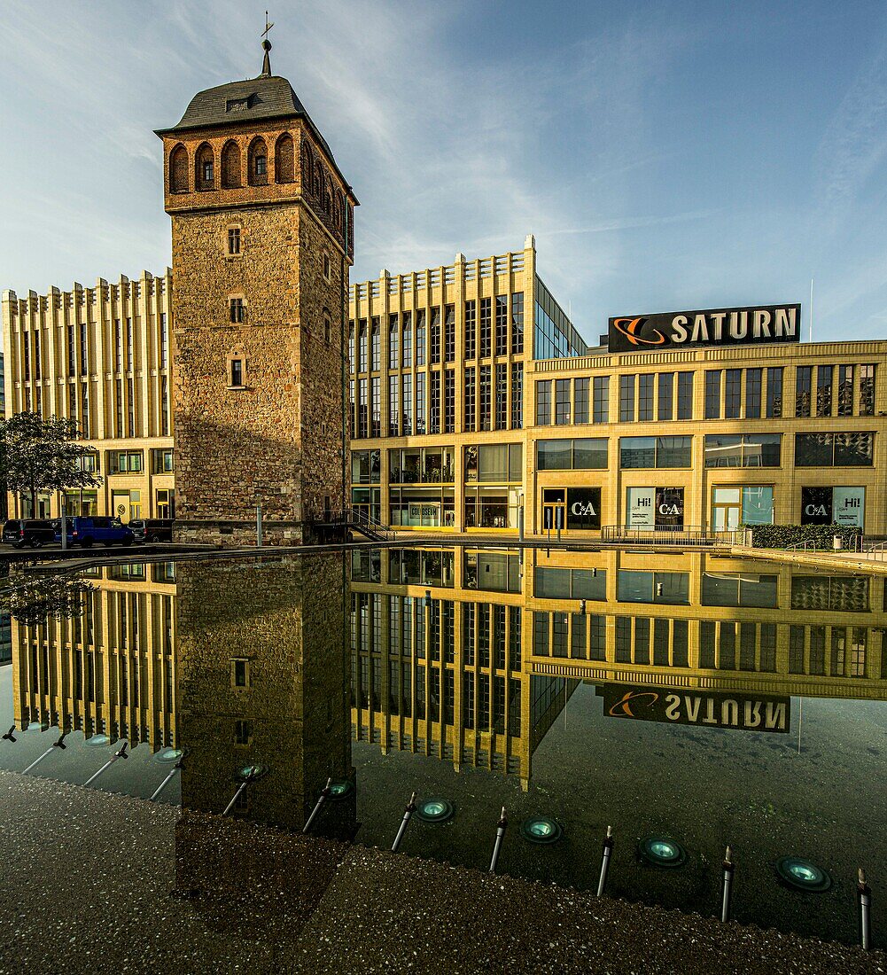 Red Tower (12th century), landmark of the city of Chemnitz, in the background the facade of the Roter Turm shopping center (2000) by the architect Kollhoff, Saxony, Germany