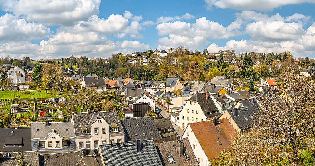 Aussicht vom Schloss Wildeck auf die Altstadt von Zschopau, Sachsen, Deutschland