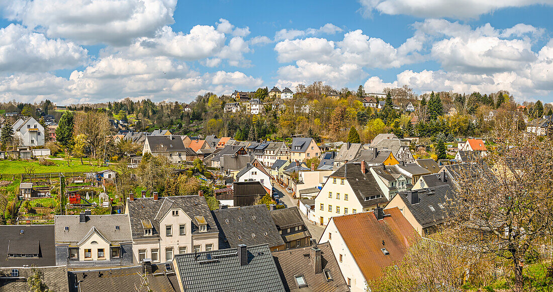 View from Wildeck Castle to the old town of Zschopau, Saxony, Germany