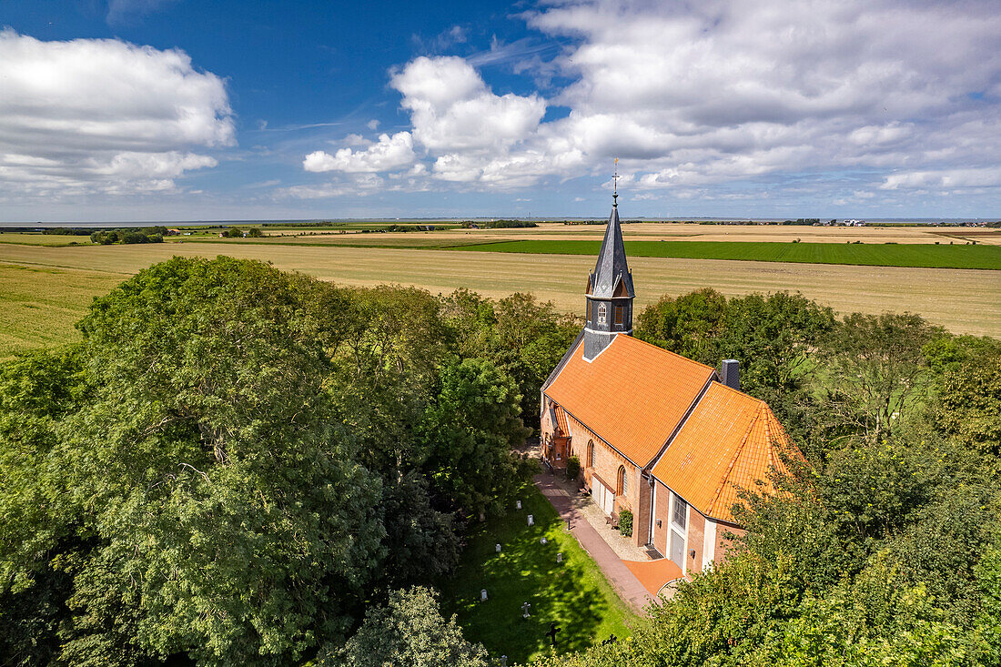 The St. Vinzenz Church in Odenbüll seen from the air, Nordstrand peninsula, Nordfriesland district, Schleswig-Holstein, Germany, Europe