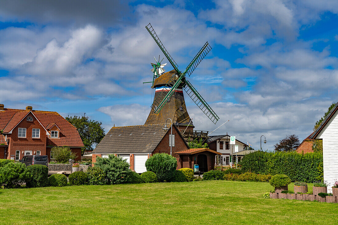Engelmühle windmill in Süderhafen, Nordstrand peninsula, Nordfriesland district, Schleswig-Holstein, Germany, Europe