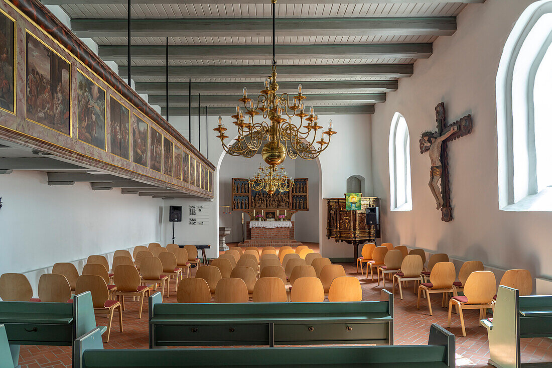 Interior of St. Vinzenz Church in Odenbüll, Nordstrand peninsula, Nordfriesland district, Schleswig-Holstein, Germany, Europe
