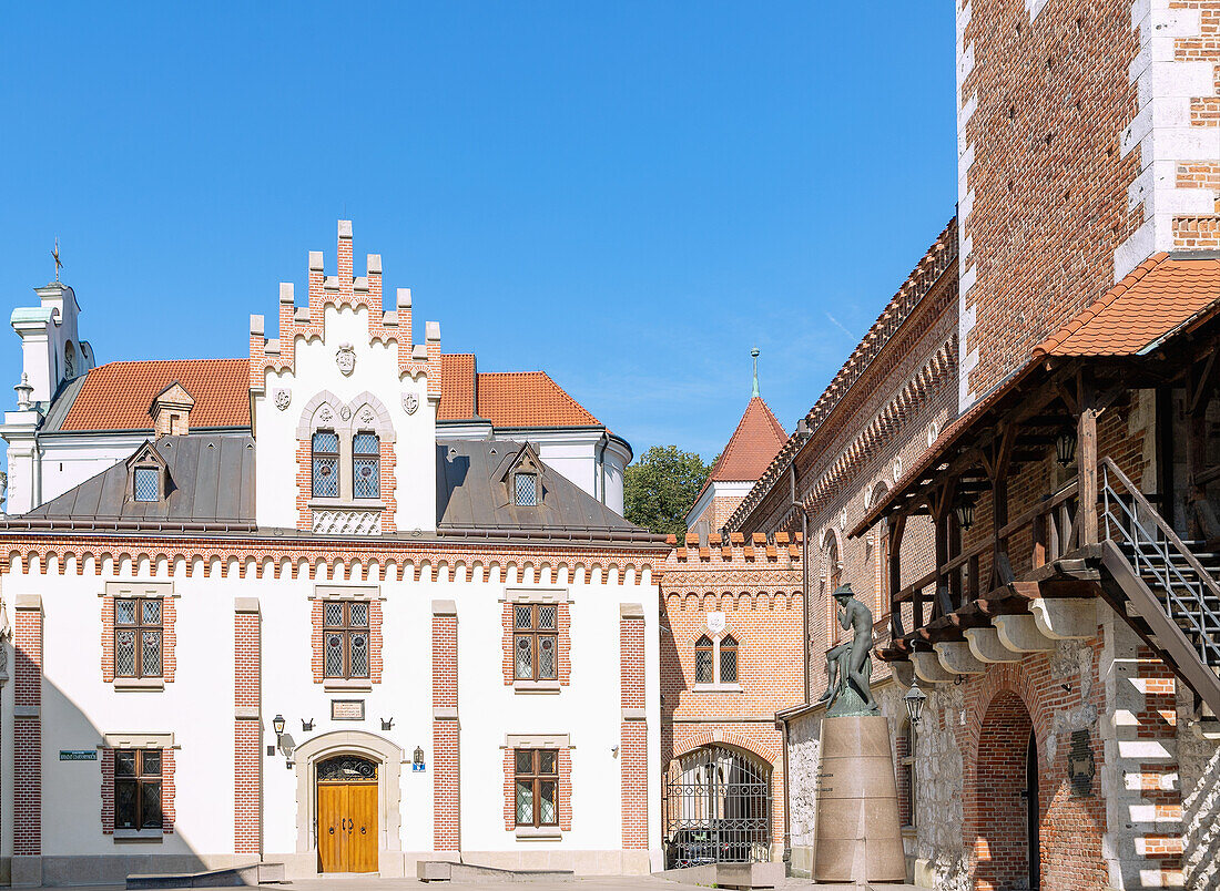 St. Florian's Gate (Brama Floriańska), city walls and Czartoryski Museum (Klasztorek Muzeum Książąt Czartoryskich) in the Old Town of Kraków in Poland