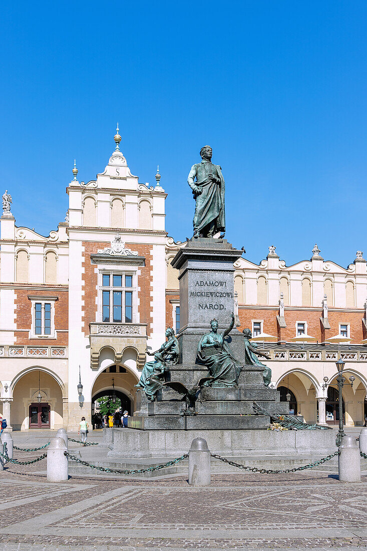 Adam Mickiewicz Monument (Pomnik Adam Mickiewicza) in front of the Cloth Hall (Sukienice) at Rynek Glówny in the Old Town of Kraków in Poland