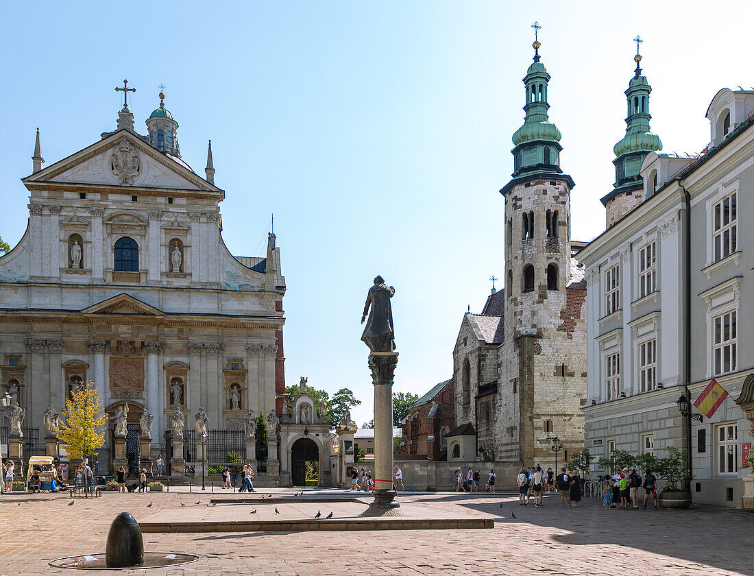 plac św. Marii Magdaleny with Piotra Skargi monument and view of St. Peter and Paul Church (Kościół św. Piotra i Pawła) and St. Andrew's Church (Kościół św. Andrzeja) in the old town of Kraków in Poland