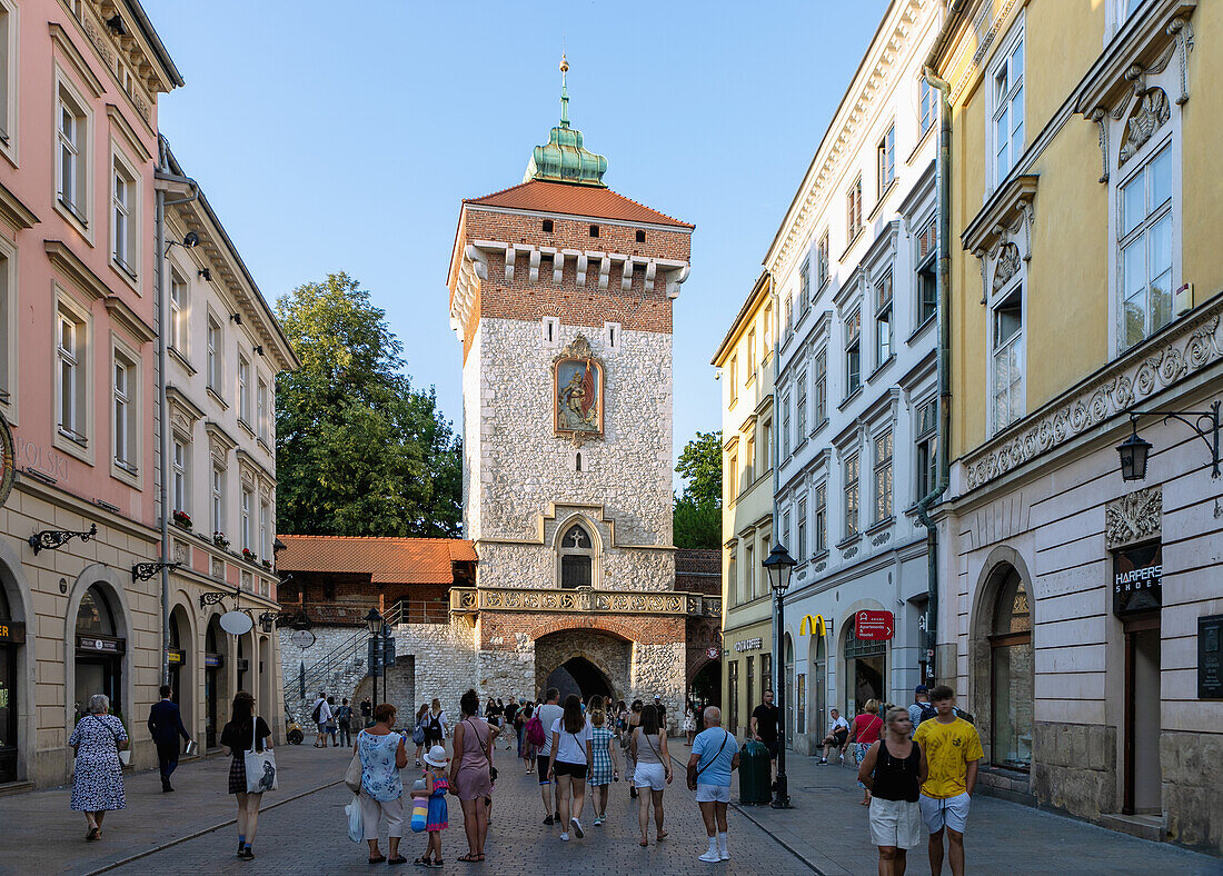Florianska Street and Florian's Gate (Brama Floriańska) in the Old Town of Kraków in Poland