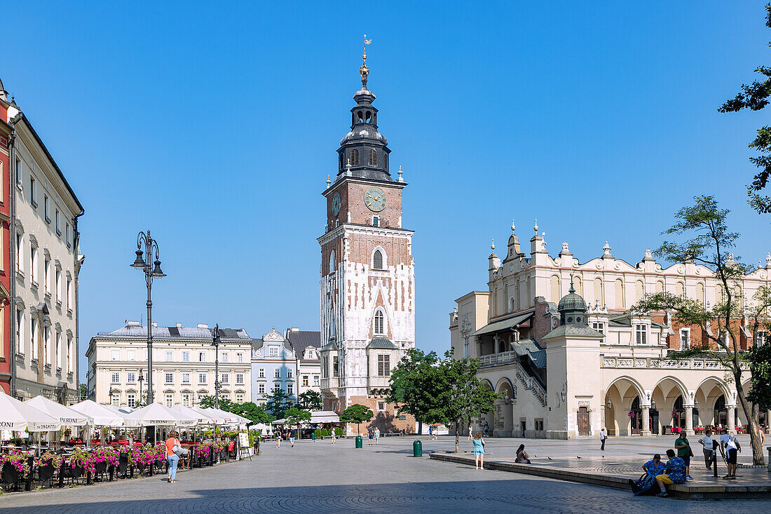 Rynek Glówny mit Tuchhallen (Sukienice) und Rathausturm im Abendlicht in der Altstadt von Kraków in Polen