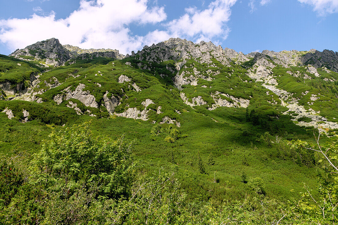 Gebirgszug des Mała Buczynowa Turnia am Wanderweg zum Tal der Fünf Polnischen Teiche (Dolina Pięciu Stawów Polskich) und Morskie Oko im Nationalpark Tatra (Tatrzański Park Narodowy) in Polen