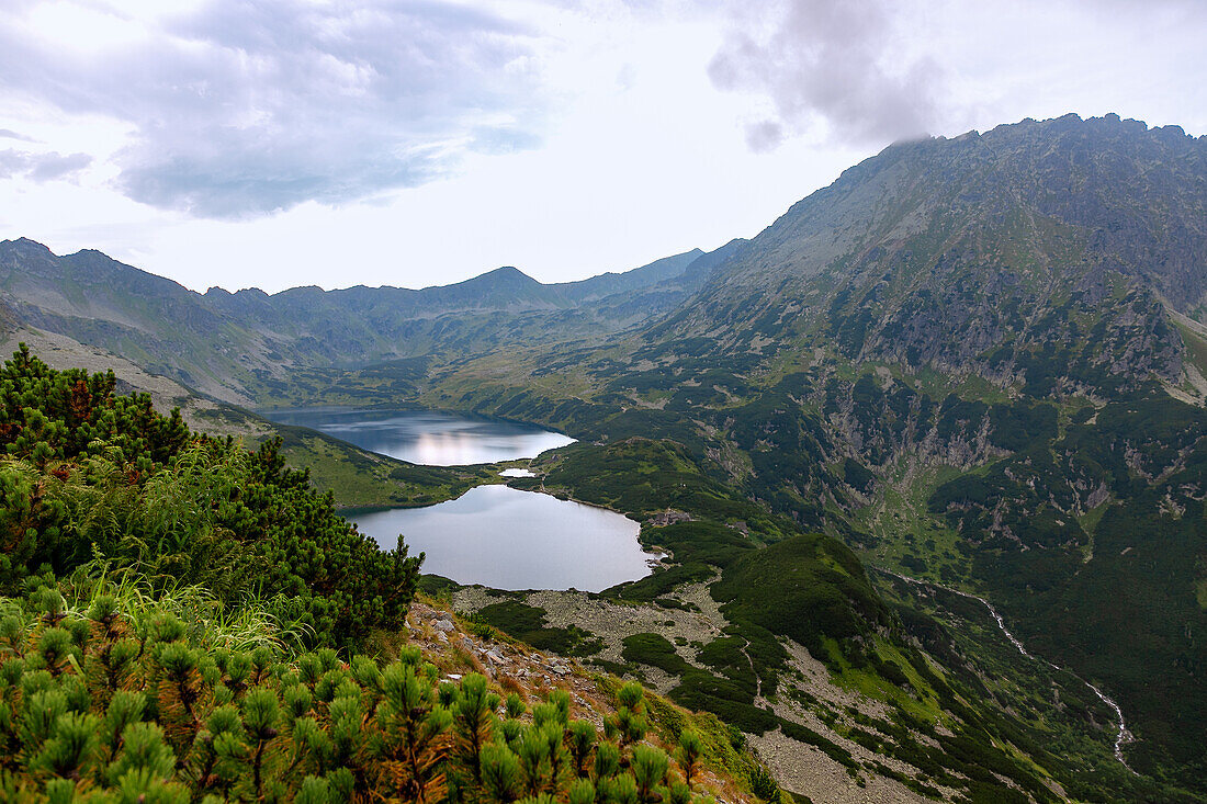 Chain of lakes Przedni Staw, Mały Staw, Wielki Staw and Czarny Staw Polski in the Valley of the Five Polish Ponds (Dolina Pięciu Stawów Polskich) from the hiking trail to Morskie Oko in the Tatra National Park (Tatrzański Park Narodowy) in Poland