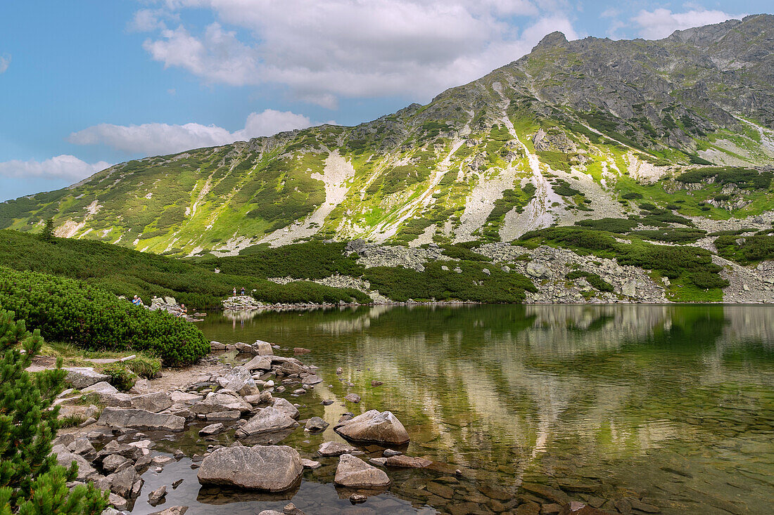 Lake Przedni Staw on the hiking trail to the Valley of the Five Polish Ponds (Dolina Pięciu Stawów Polskich) and Morskie Oko in the Tatra National Park (Tatrzański Park Narodowy) in Poland