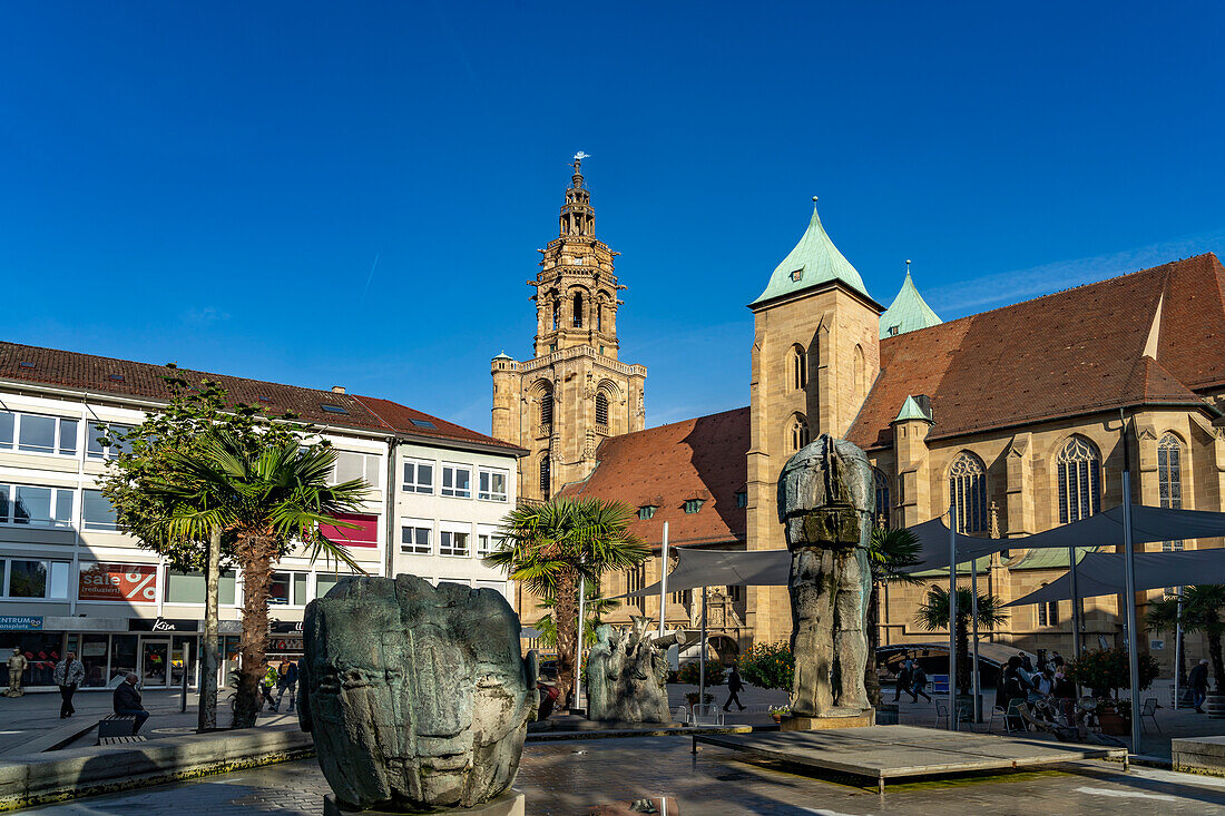 The Kilianskirche and the Komödiantenbrunnen in Heilbronn, Baden-Württemberg, Germany