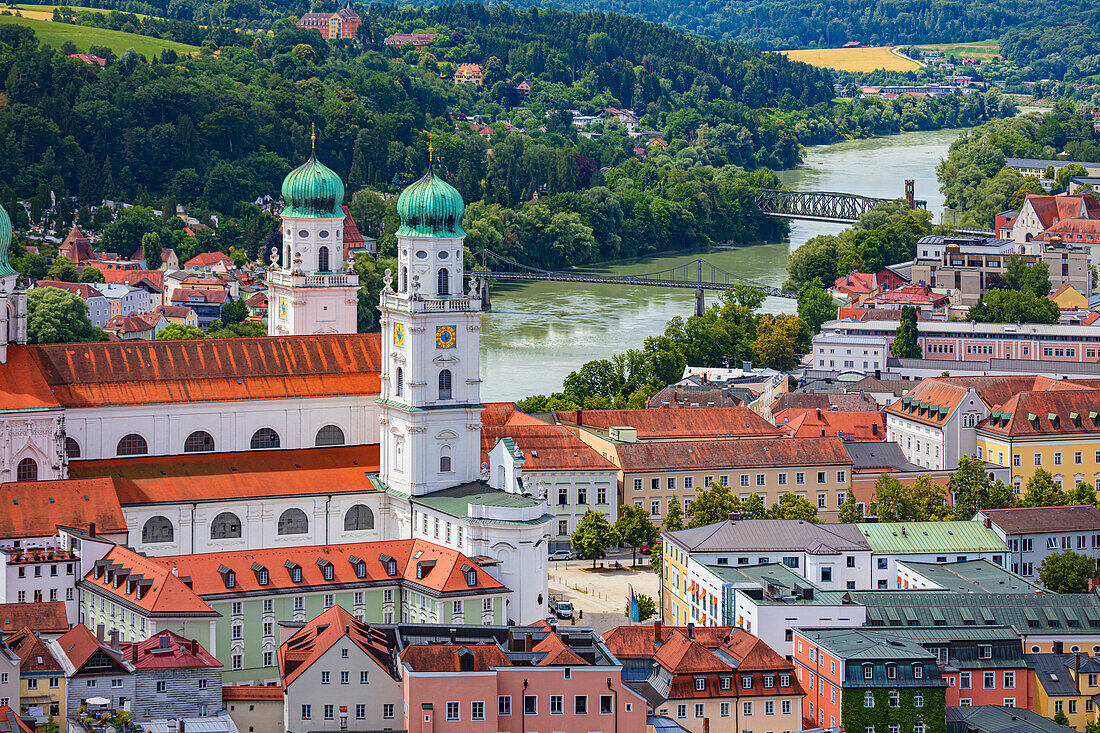View of St. Stephan Cathedral and Inn from above in Passau, Bavaria, Germany