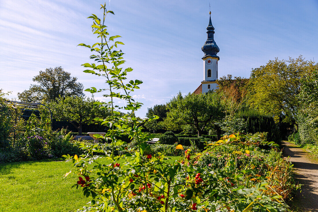 Church of St. Josef and Starnberg Castle Garden in Starnberg in Upper Bavaria, Bavaria, Germany